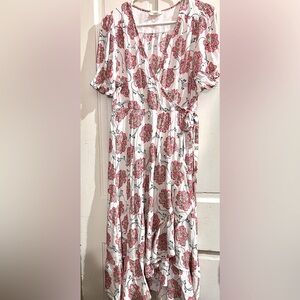 Per Una Pink Floral Frill Midi Wrap And Ruffle Dress Size 18